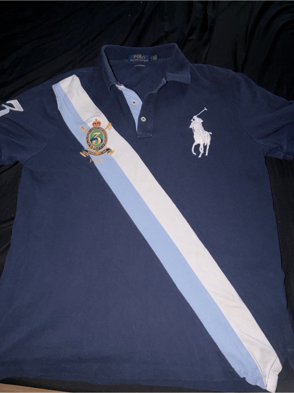 Ralph Lauren Navy Blue Polo with Light Blue and White Diagonal Stripes